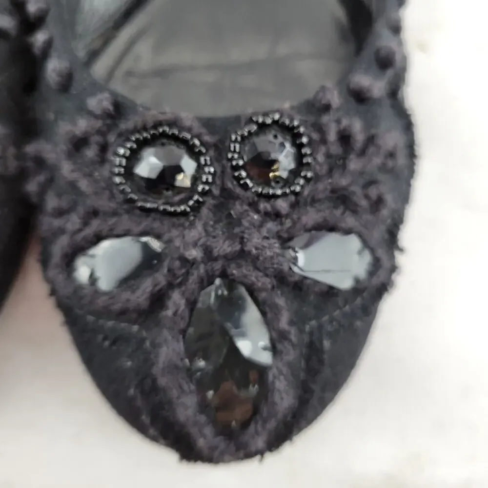 Tory Burch Ballet Flats Womens 7‎ Black Fabric Crochet Large Jewel Detail Preppy